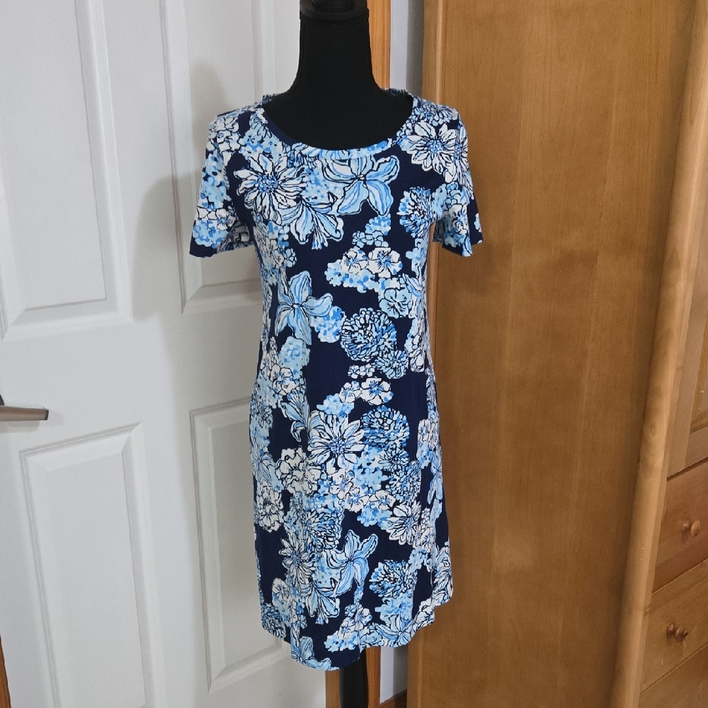 Lilly Pulitzer Floral Navy & Light Blue Short Sleeve T-shirt Dress